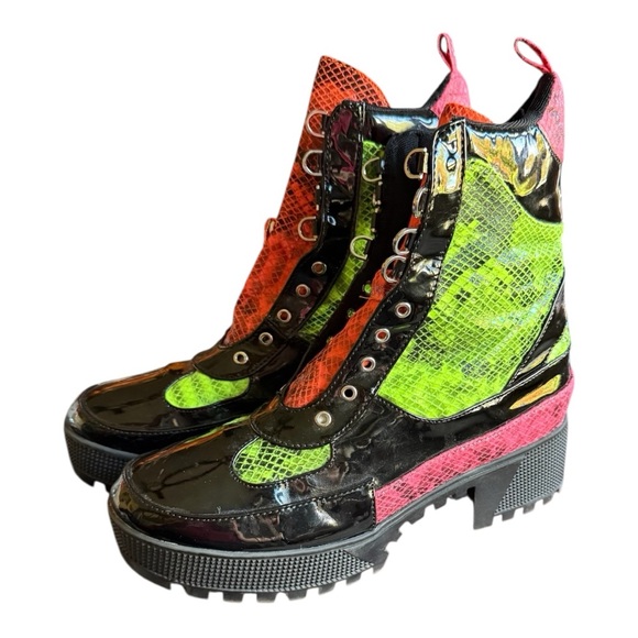 CR QUEEN PINS BLACK NEON SNAKE LACE UP PLATFORM SNEAKER COMBAT ANKLE BOOTS - 8 - Picture 1 of 13